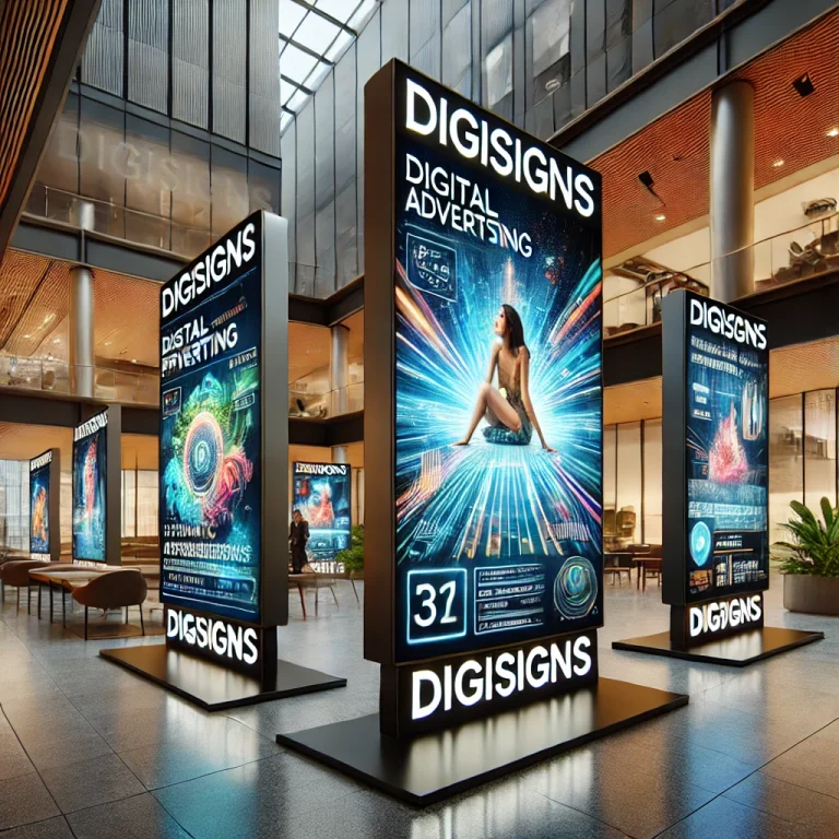 Modern lobby with digital signage by digisigns displaying vibrant AI-driven ads, showcasing dynamic visuals and branding.