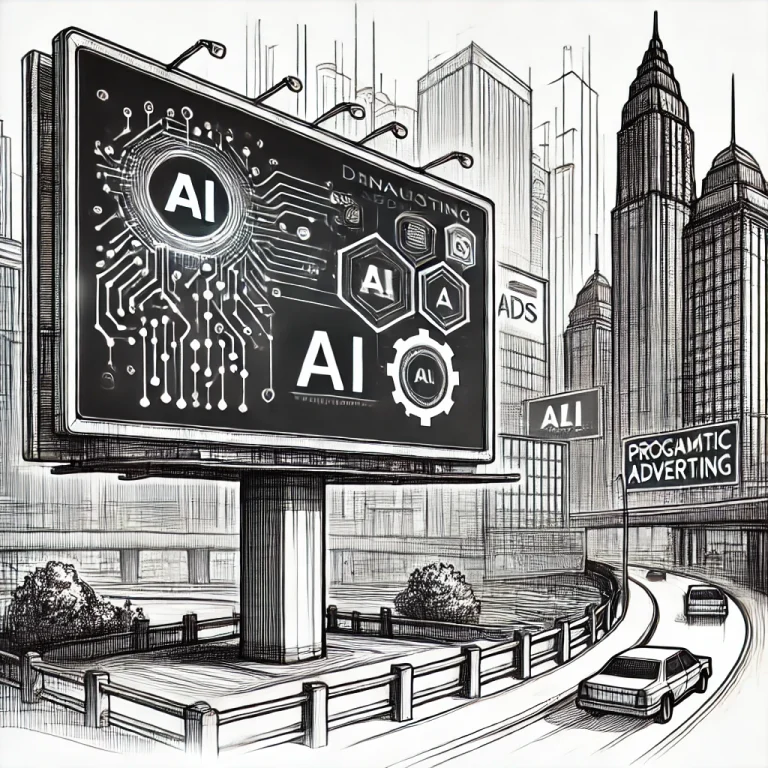 Cityscape billboard with smart signage by digisigns featuring AI and programmatic advertising concepts in a futuristic urban setting