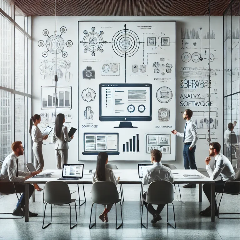 Business meeting with a whiteboard by digisigns displaying software analytics and charts for strategic planning.