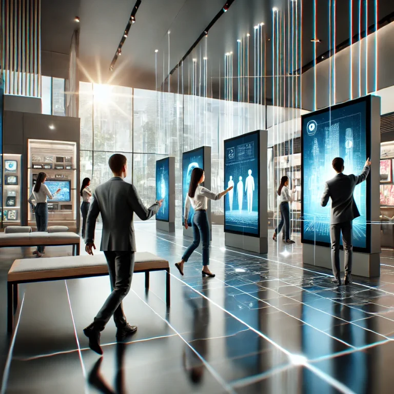 Modern exhibition space with smart signage by digisigns, featuring interactive displays and professionals engaging with digital content.