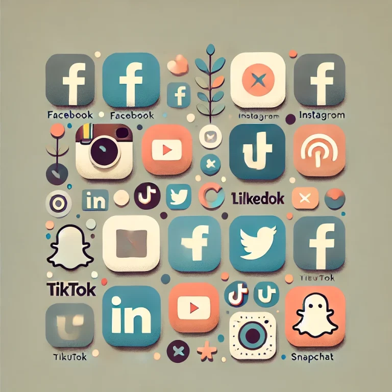 Collage of social media app icons including Facebook, Instagram, TikTok, and Snapchat, showcasing digital platform variety.