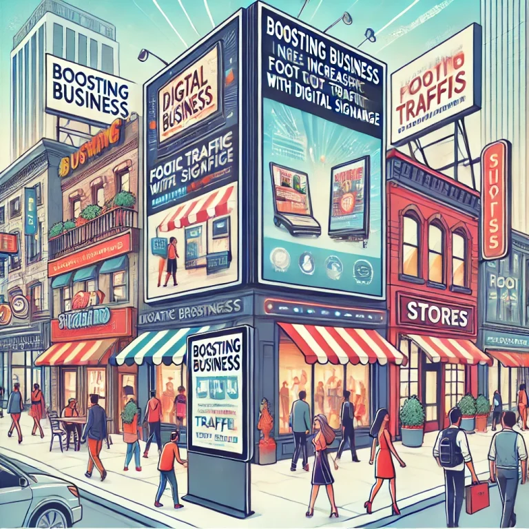 Busy city street with smart signage by digisigns promoting increased foot traffic and business growth through digital displays