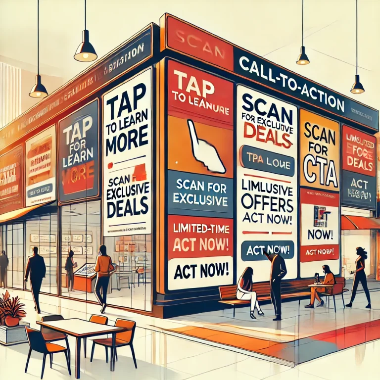 Retail storefront with smart signage by digisigns featuring call-to-action prompts, exclusive deals, and interactive displays