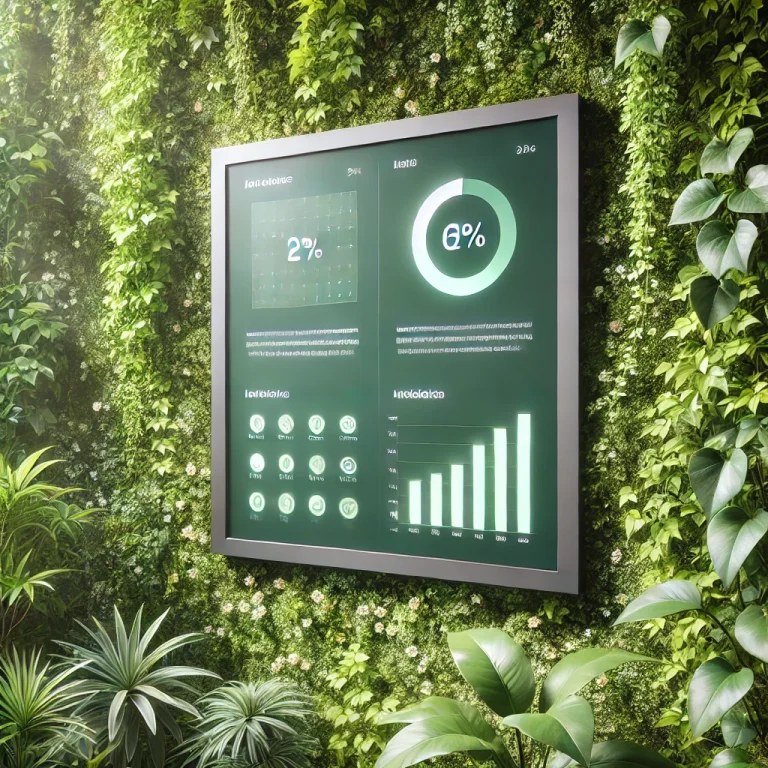 Modern eco-friendly digital display on a green wall with lush foliage, showcasing sustainable digital signage with data charts and percentages, highlighting green technology solutions in a vibrant, nature-inspired setting.