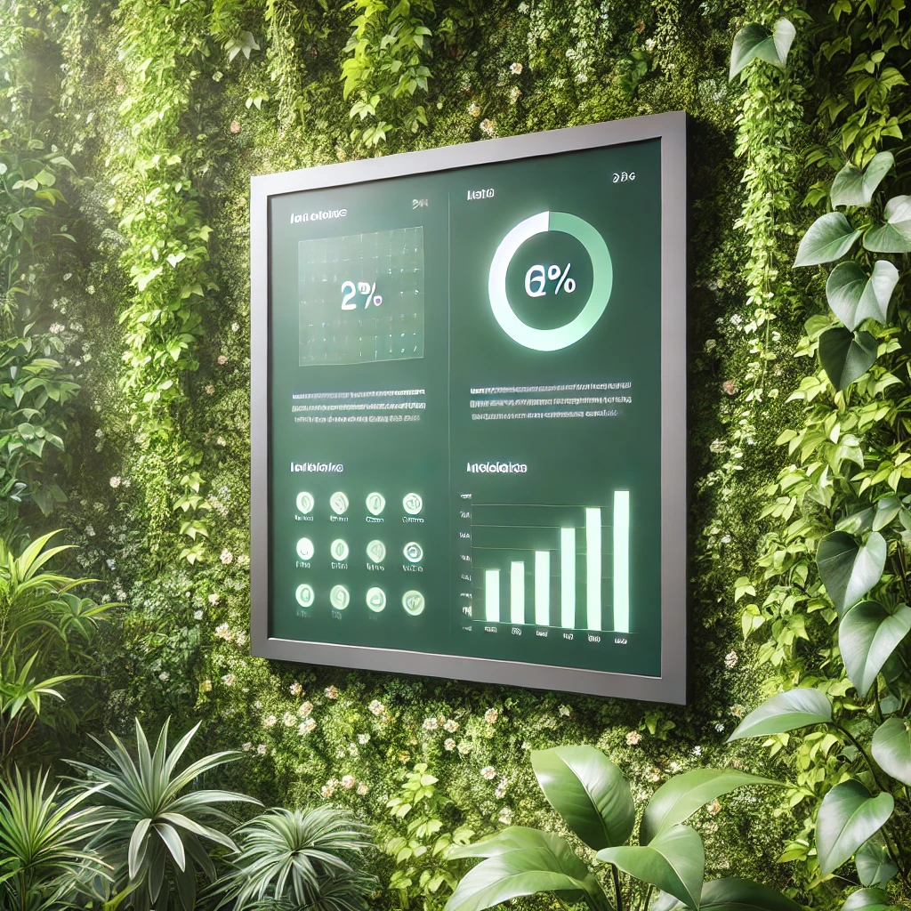 Modern eco-friendly digital display on a green wall with lush foliage, showcasing sustainable digital signage with data charts and percentages, highlighting green technology solutions in a vibrant, nature-inspired setting.