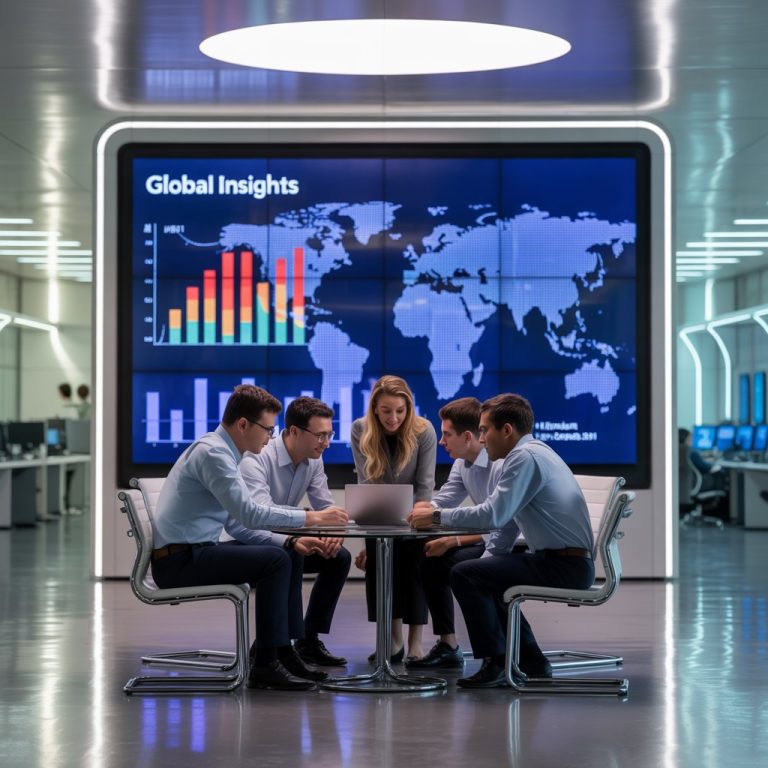 A futuristic office with a large digital signage screen displaying a vibrant, original data visualization with colorful bar graphs and a world map, surrounded by diverse employees collaborating in a modern setting.