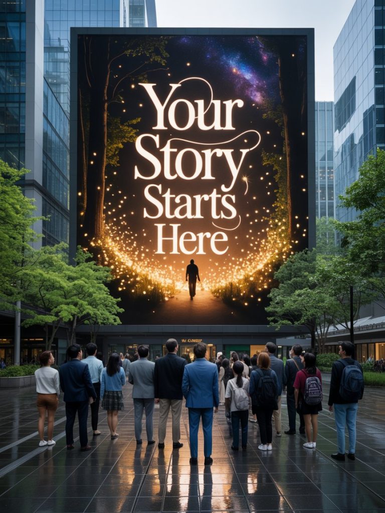 A massive, ultra-bright Digisigns digital screen (portrait orientation, roughly 5 stories tall—dominates the center of the frame. On the screen: a breathtaking animated story is playing — a lone figure walking through a dark forest that gradually fills with thousands of glowing fireflies, transforming into a starry night sky with the words “Your Story Starts Here” appearing in elegant animated typography. The animation is in Digisigns’ signature red, black, and white palette with subtle gold accents. In front of the screen, a diverse crowd of 30–40 people (business professionals, families, students, all ethnicities) has naturally stopped walking and is gazing upward in quiet wonder — some smiling, some taking photos, children pointing excitedly. Their faces are beautifully lit by the warm glow of the screen reflecting off the polished plaza floor. The plaza has sleek glass buildings, green trees, and subtle reflections of the screen’s light on wet pavement (as if after a light rain). The overall mood is magical, emotional, and hopeful — like the moment a city collectively feels something.