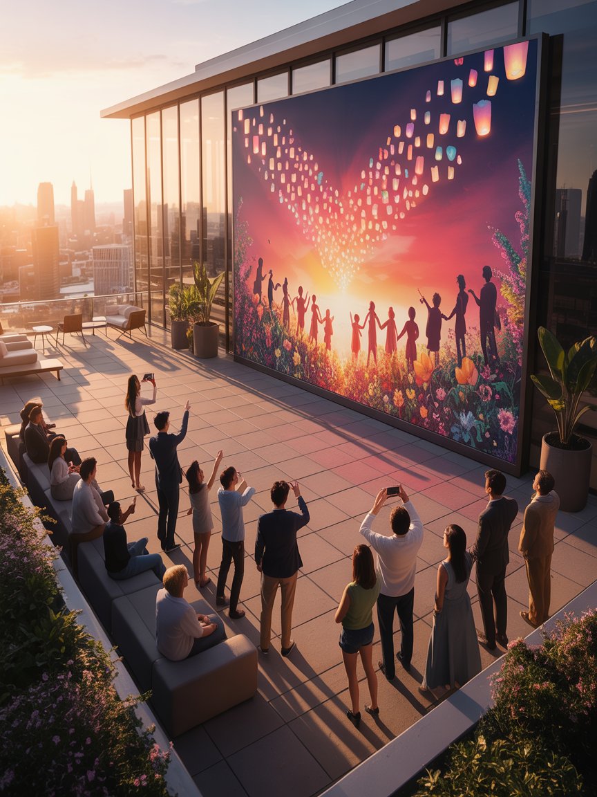 Diverse crowd on rooftop terrace captivated by animated growth and connection story on Digisigns screen at golden hour sunset.
